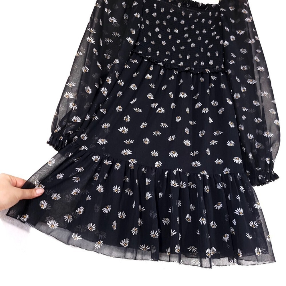 NEW Wilfred Laken Mini Dress Sheer Puff Sleeve Smocked in Black Daisy Floral XXS - Picture 6 of 13